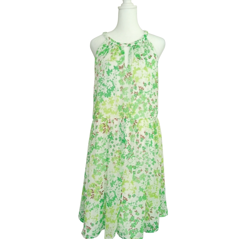 DKNY White and Green Floral Midi Dress
